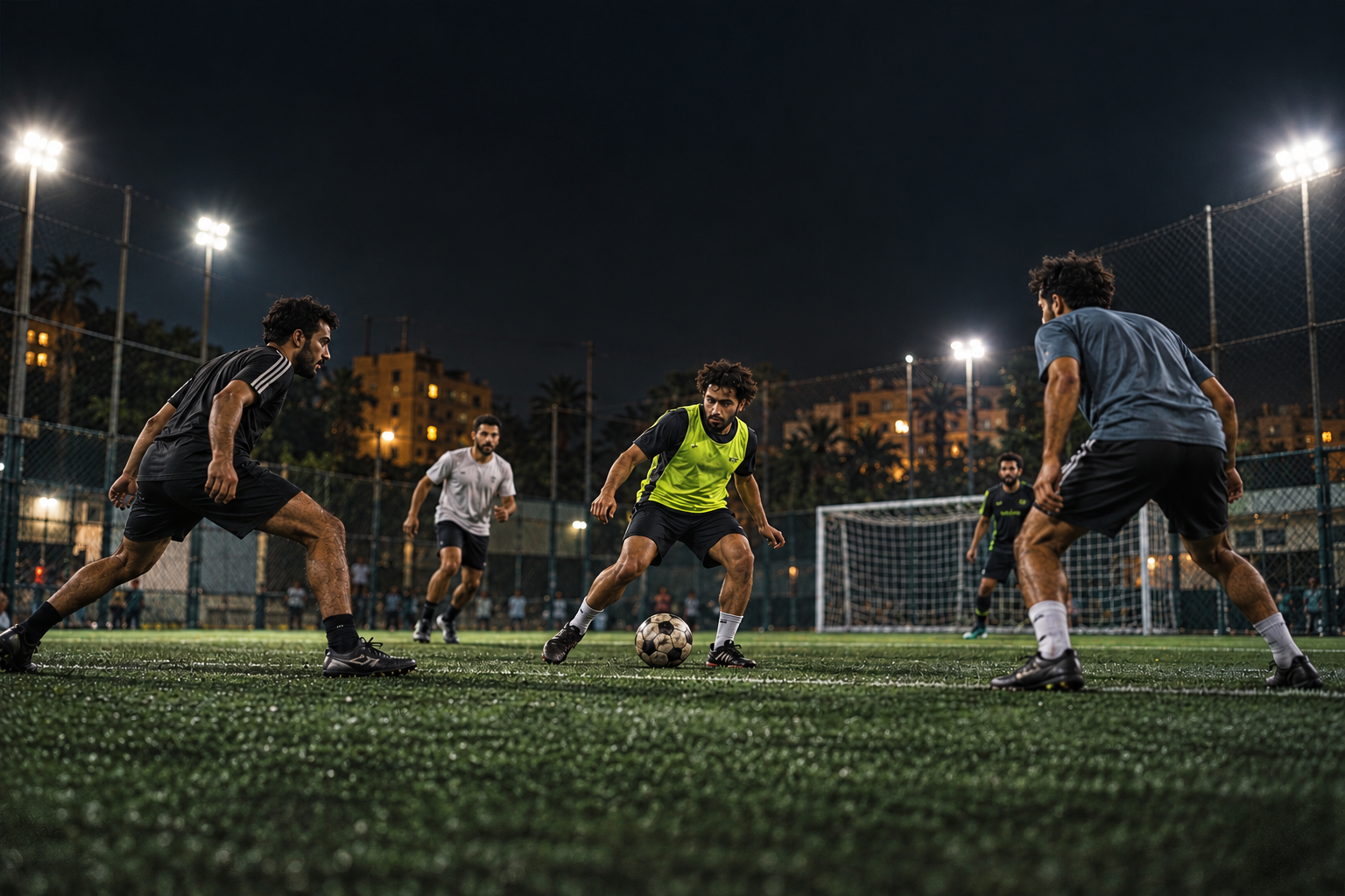 أصدقاء يلعبون ماتش كرة قدم على ملعب مضاء ليلاً
