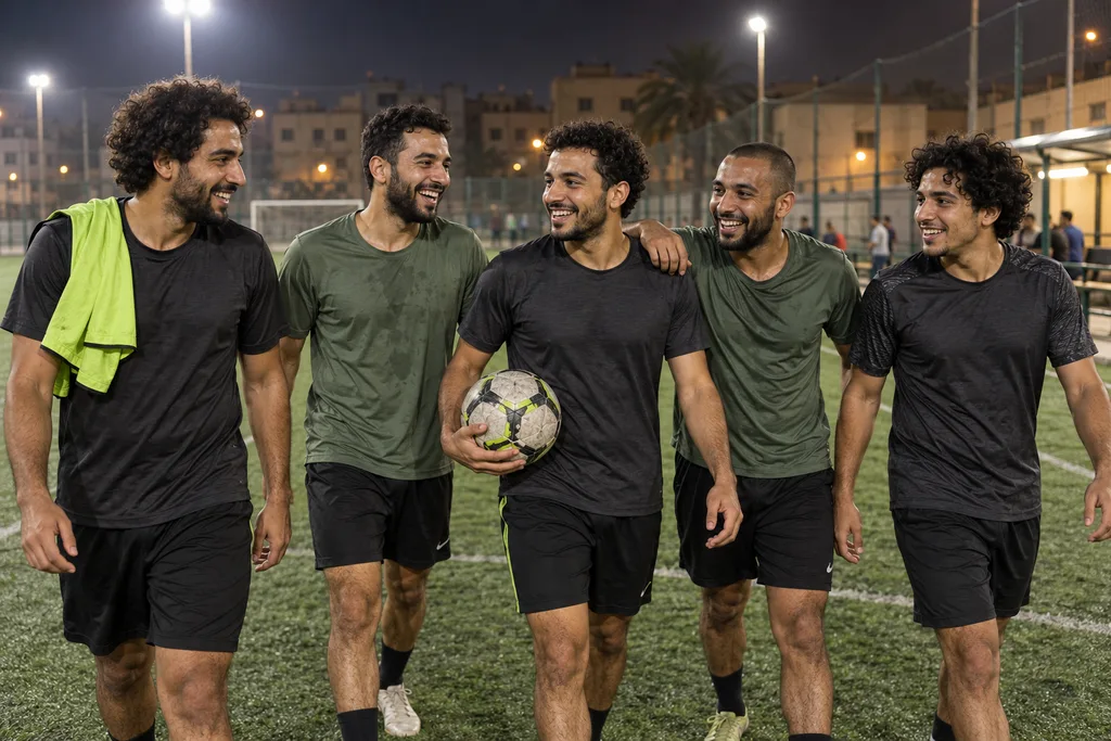 صورة توضيحية لأصدقاء بيضحكوا مع بعض بعد ماتش كورة